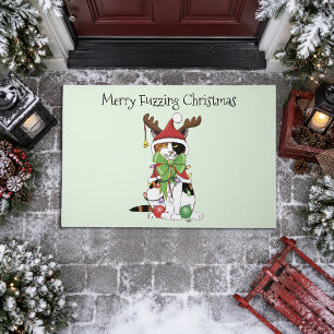 Funny Festive Green Calico Christmas Cat Doormat