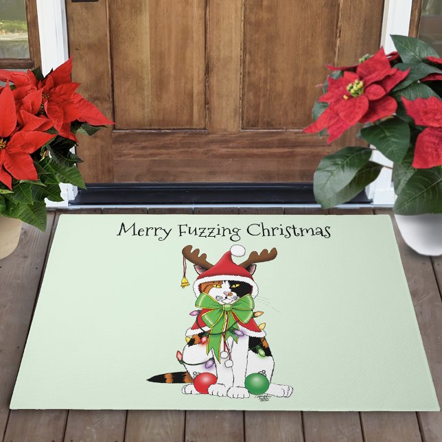 Funny Festive Green Calico Christmas Cat Doormat (Creator Uploaded)