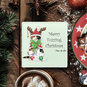 Funny Festive Green Calico Christmas Cat Glass Coaster