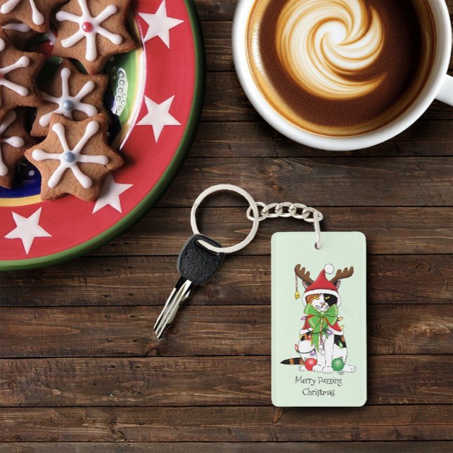 Funny Festive Green Calico Christmas Cat Keychain (Creator Uploaded)