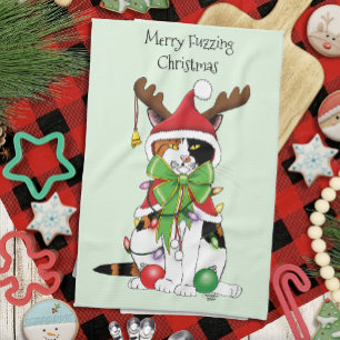 Funny Festive Green Calico Christmas Cat Kitchen Towel