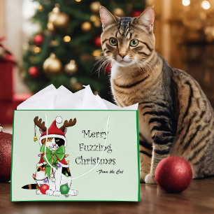 Funny Festive Green Calico Christmas Cat Large Gift Bag