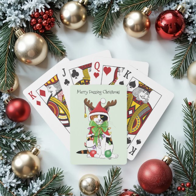 Funny Festive Green Calico Christmas Cat Poker Cards (Creator Uploaded)