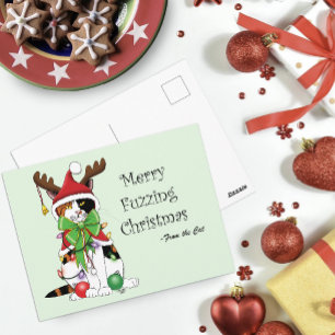 Funny Festive Green Calico Christmas Cat Postcard