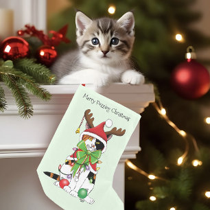 Funny Festive Green Calico Christmas Cat Small Christmas Stocking