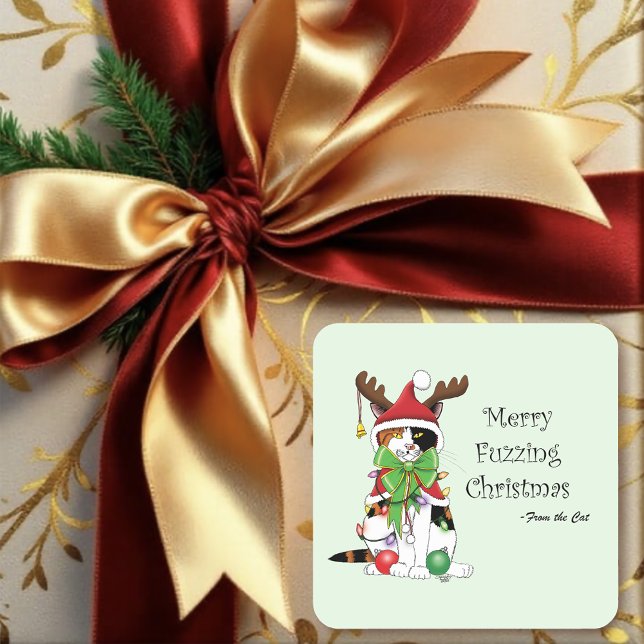 Funny Festive Green Calico Christmas Cat Square Sticker (Creator Uploaded)