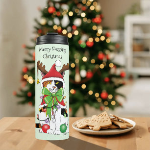 Funny Festive Green Calico Christmas Cat Thermal Tumbler