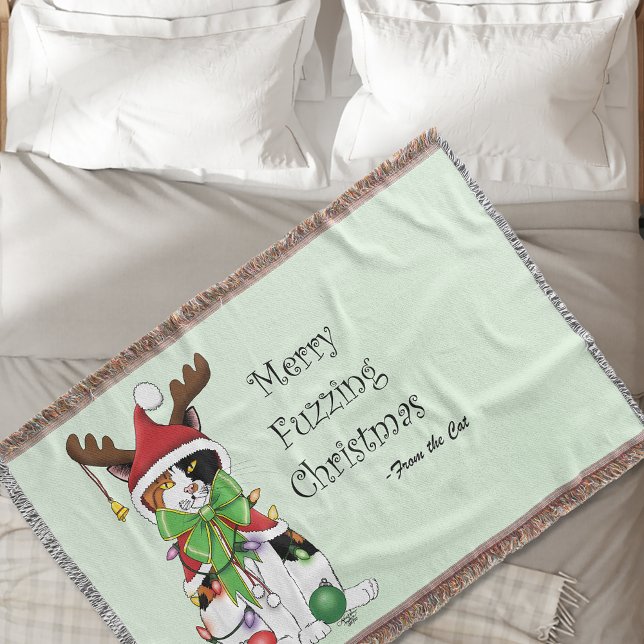 Funny Festive Green Calico Christmas Cat Throw Blanket (Creator Uploaded)
