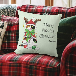 Funny Festive Green Calico Christmas Cat Throw Pillow