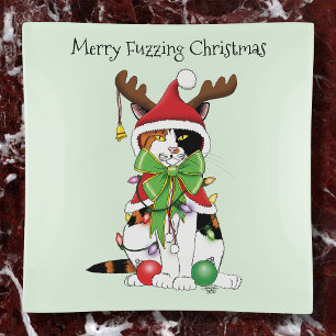 Funny Festive Green Calico Christmas Cat Trinket Tray