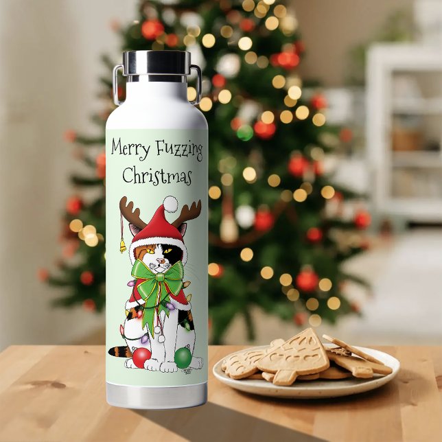 Funny Festive Green Calico Christmas Cat Water Bottle (Creator Uploaded)