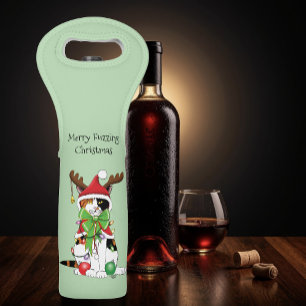 Funny Festive Green Calico Christmas Cat Wine Bag