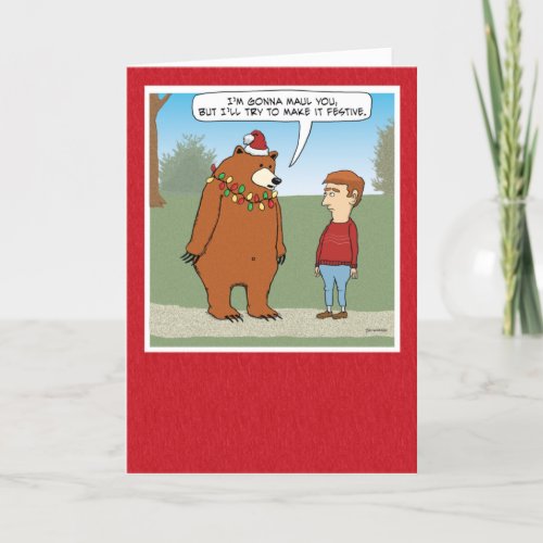 Funny Festive Mauling Bear Christmas Holiday Card