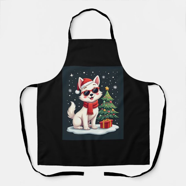 Funny Festive Sunglasses Dog with Christmas Tree C Apron (Front)