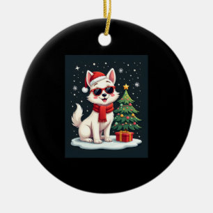 Funny Festive Sunglasses Dog with Christmas Tree C Ceramic Ornament