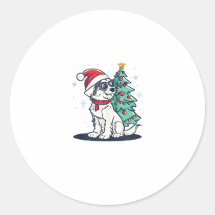 Funny Festive Sunglasses Dog with Christmas Tree C Classic Round Sticker