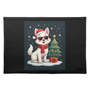 Funny Festive Sunglasses Dog with Christmas Tree C Cloth Placemat