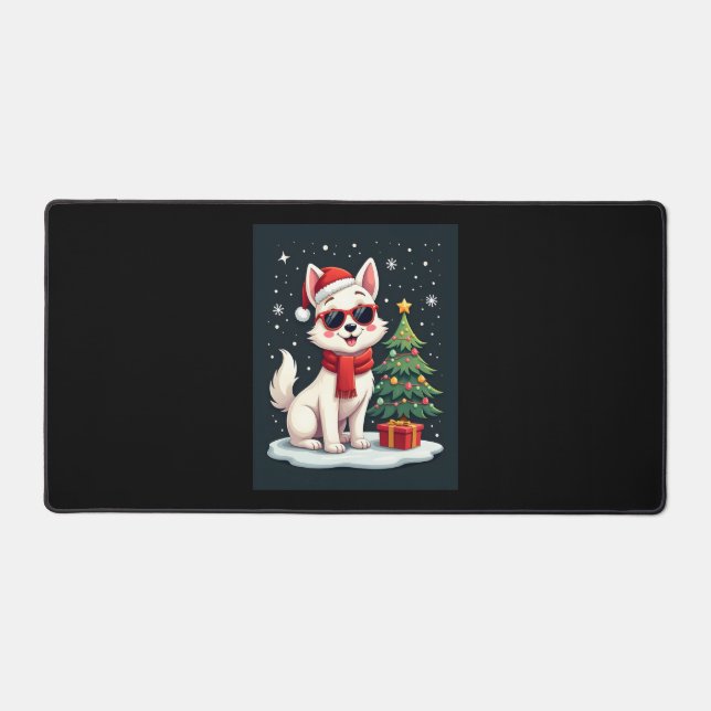 Funny Festive Sunglasses Dog with Christmas Tree C Desk Mat (Front)