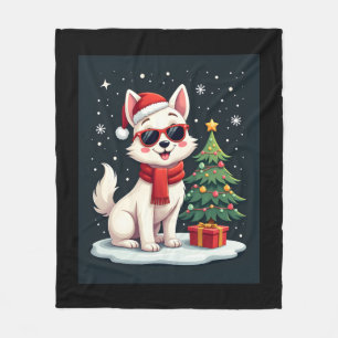 Funny Festive Sunglasses Dog with Christmas Tree C Fleece Blanket