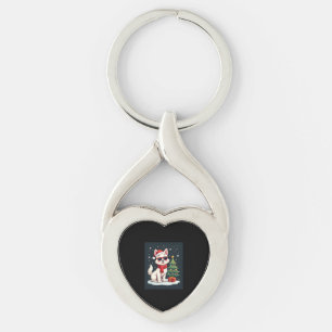 Funny Festive Sunglasses Dog with Christmas Tree C Keychain