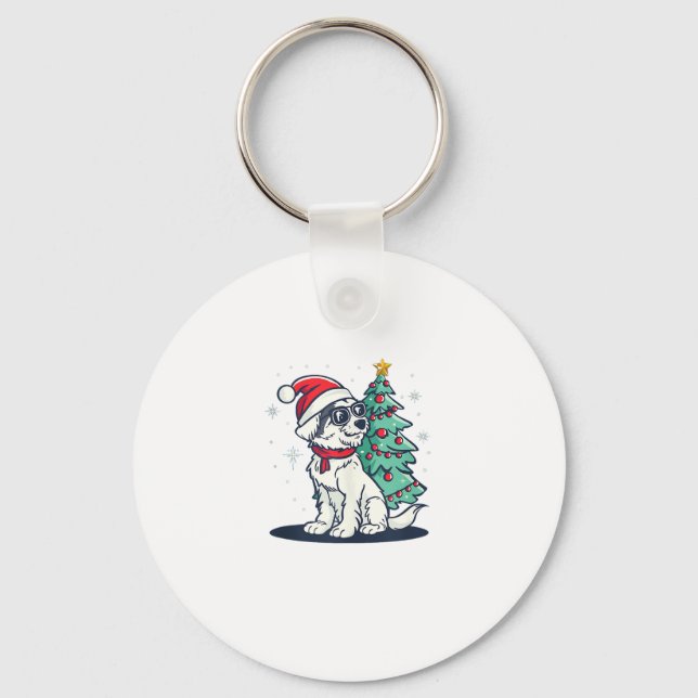 Funny Festive Sunglasses Dog with Christmas Tree C Keychain (Front)