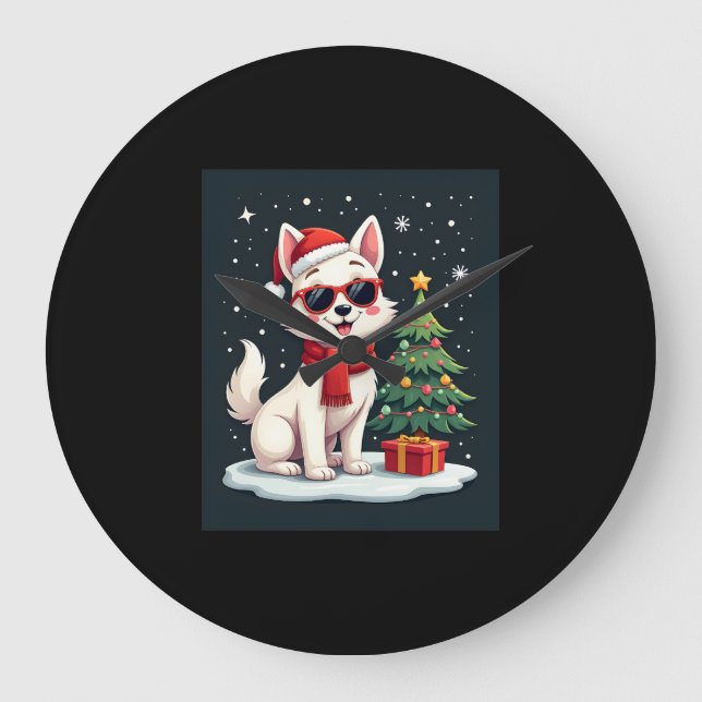 Funny Festive Sunglasses Dog with Christmas Tree C Large Clock (Front)
