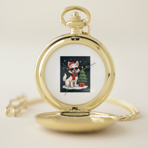 Funny Festive Sunglasses Dog with Christmas Tree C Pocket Watch