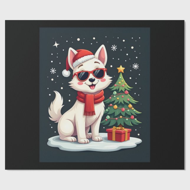 Funny Festive Sunglasses Dog with Christmas Tree C Wrapping Paper (Flat)