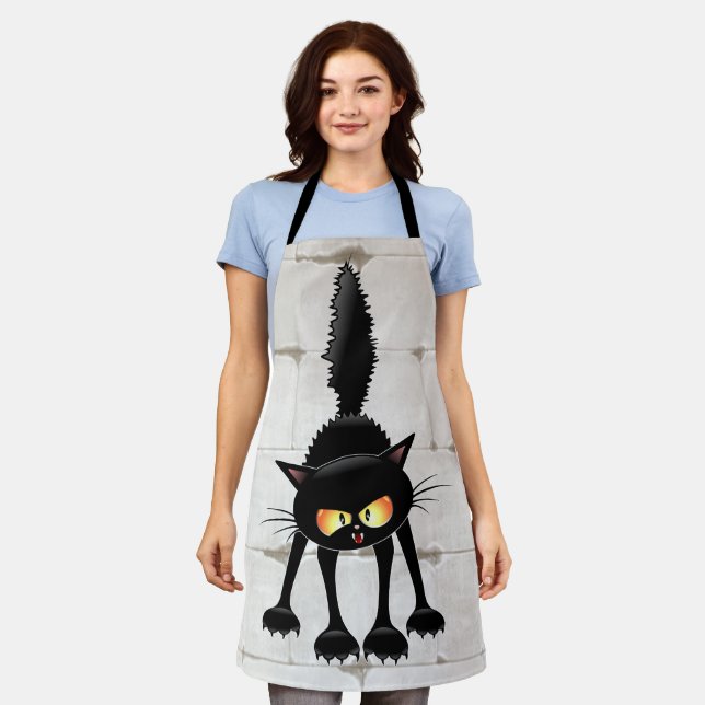 Funny Fierce Black Cat Cartoon  Apron (Worn)