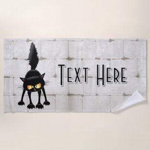 Funny Fierce Black Cat Cartoon Beach Towel