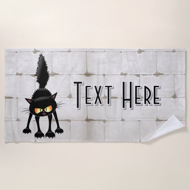 Funny Fierce Black Cat Cartoon  Beach Towel (Front)