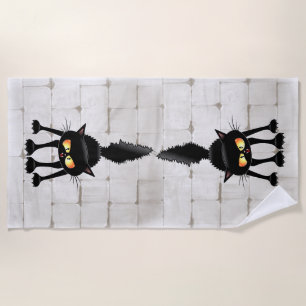 Funny Fierce Black Cat Cartoon Beach Towel