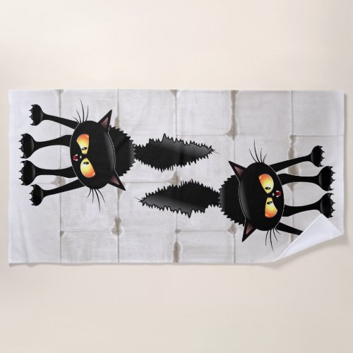 Funny Fierce Black Cat Cartoon  Beach Towel