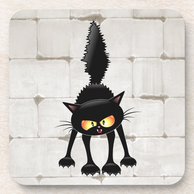 Funny Fierce Black Cat Cartoon  Beverage Coaster (Front)