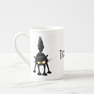 Funny Fierce Black Cat Cartoon Bone China Mug