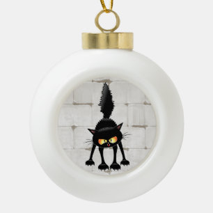 Funny Fierce Black Cat Cartoon Ceramic Ball Christmas Ornament
