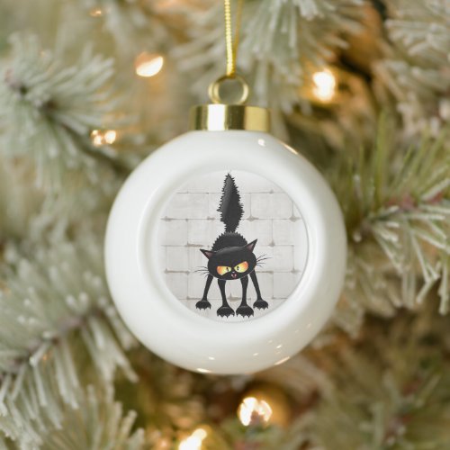 Funny Fierce Black Cat Cartoon  Ceramic Ball Christmas Ornament