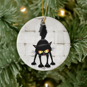 Funny Fierce Black Cat Cartoon Ceramic Ornament