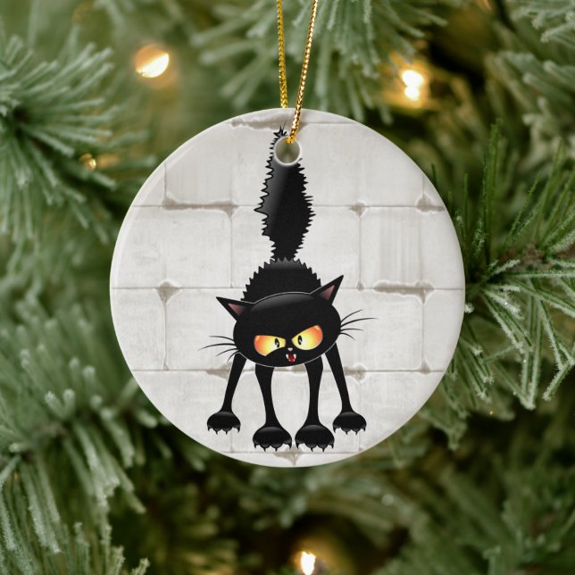Funny Fierce Black Cat Cartoon  Ceramic Ornament (Tree)