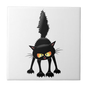 Funny Fierce Black Cat Cartoon Ceramic Tile