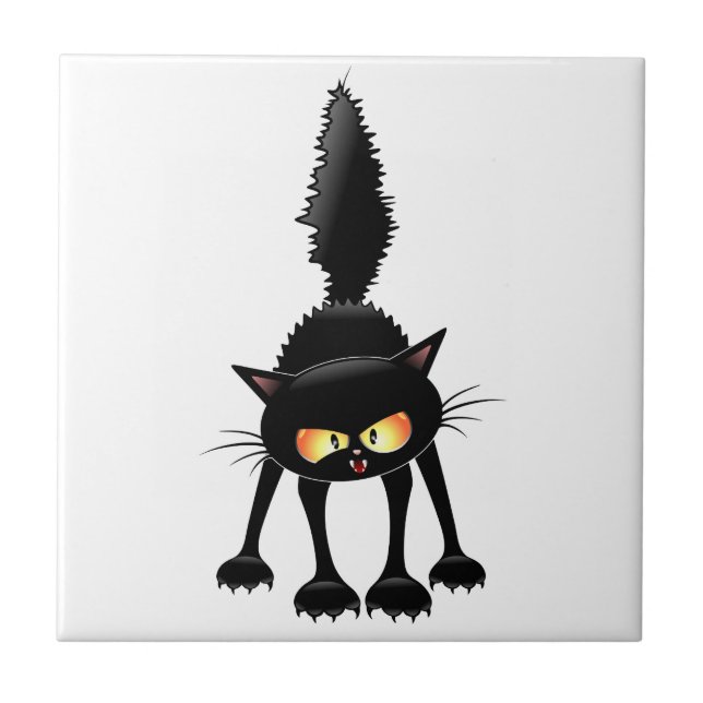 Funny Fierce Black Cat Cartoon  Ceramic Tile (Front)