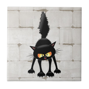 Funny Fierce Black Cat Cartoon Ceramic Tile