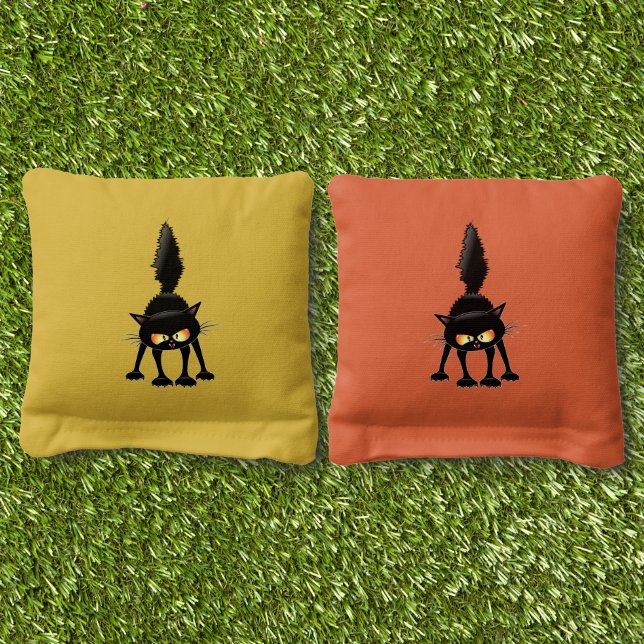 Funny Fierce Black Cat Cartoon  Cornhole Bags (Grass)