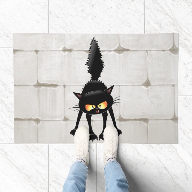 Funny Fierce Black Cat Cartoon  Doormat (Indoor)