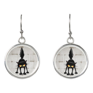 Funny Fierce Black Cat Cartoon Earrings