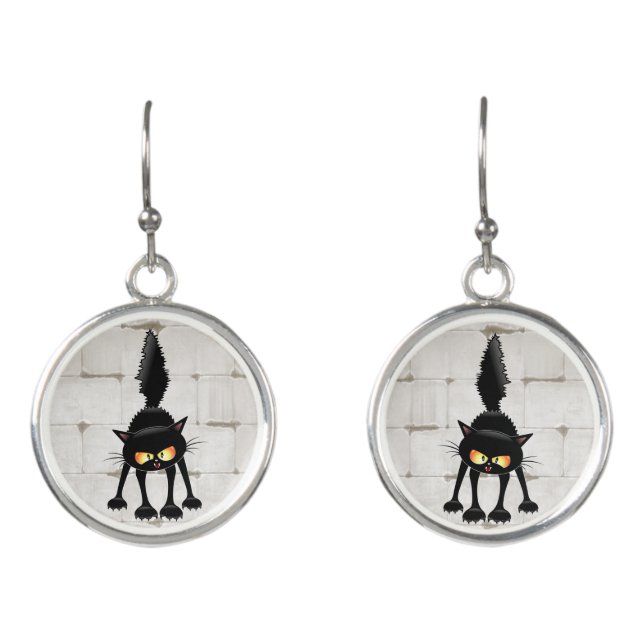 Funny Fierce Black Cat Cartoon  Earrings (Front)