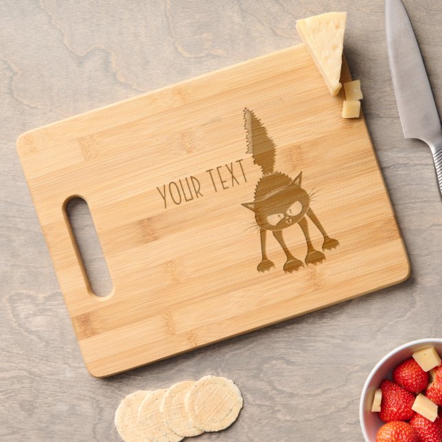 Funny Fierce Black Cat Cartoon  Engraved Cutting Board (Cheese)