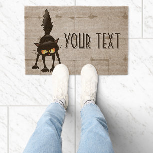Funny Fierce Black Cat Cartoon  Fiber Doormat