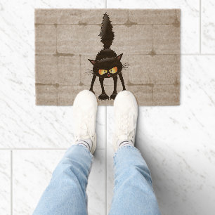 Funny Fierce Black Cat Cartoon  Fiber Doormat