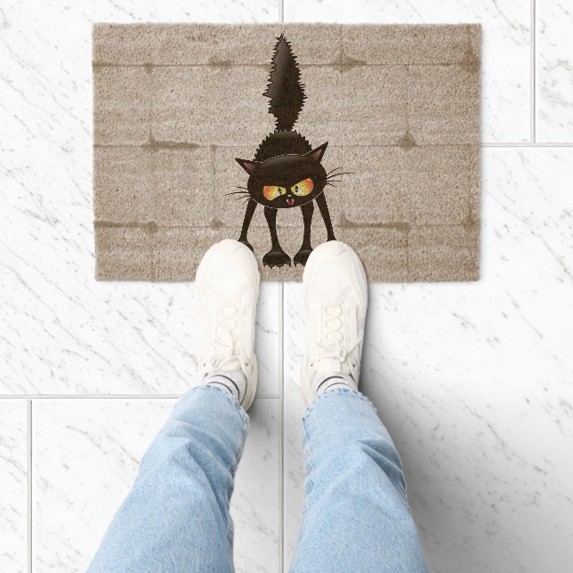 Funny Fierce Black Cat Cartoon  Fiber Doormat (Insitu)